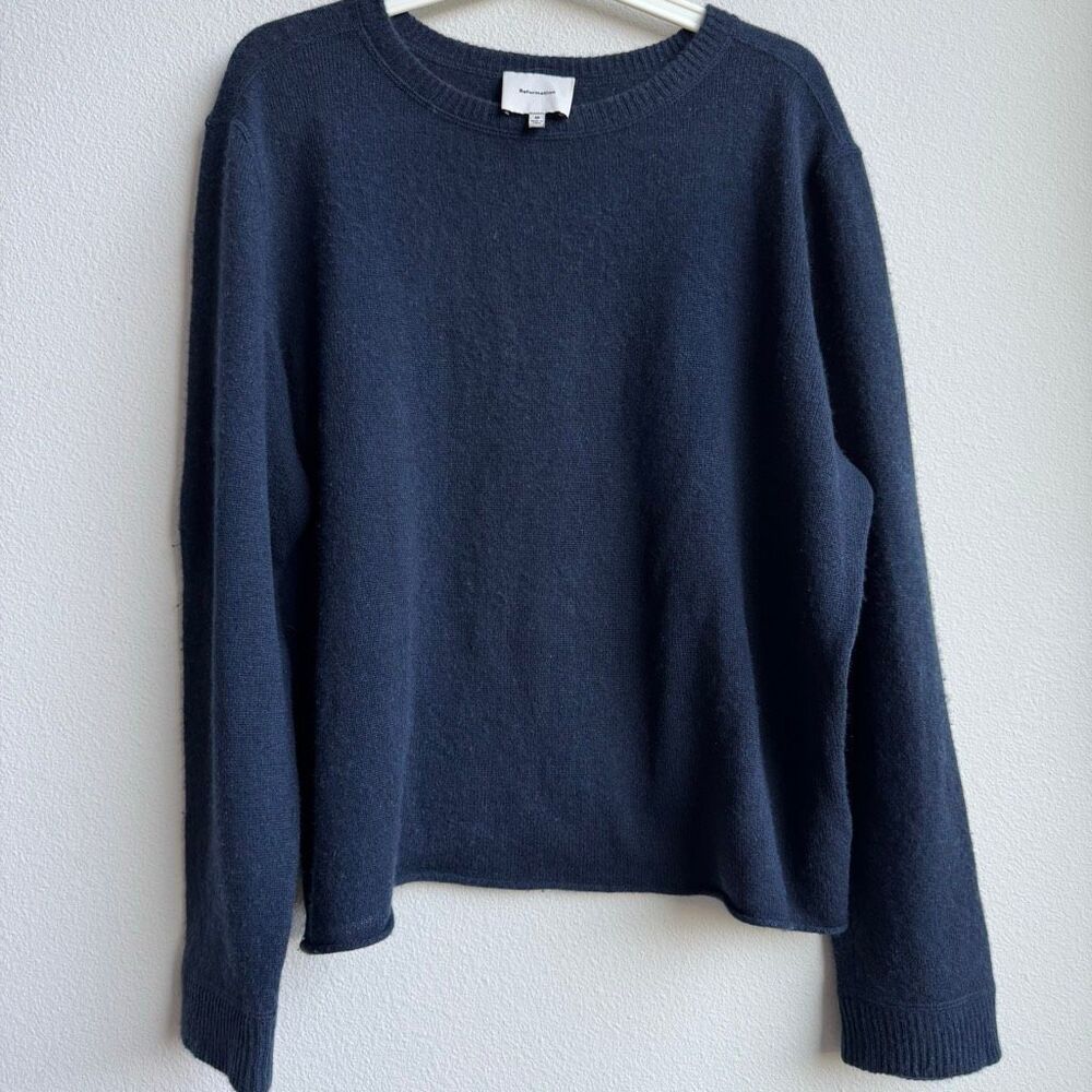 Reformation 100% Cashmere Navy Blue Wide Sleeve Crewneck Sweater Size Medium